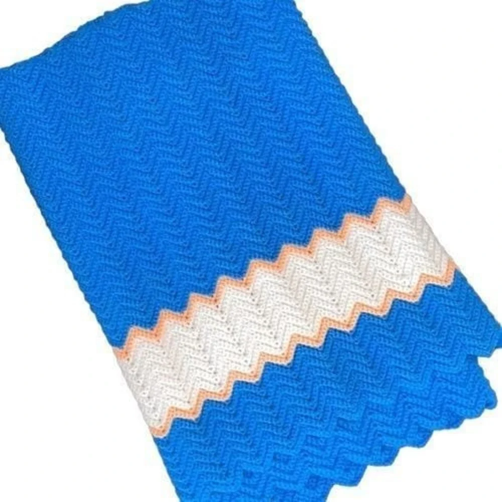 Handmade Crochet Chevron Ripple Afghan Throw Blanket Blue White‎ Peach Zigzag